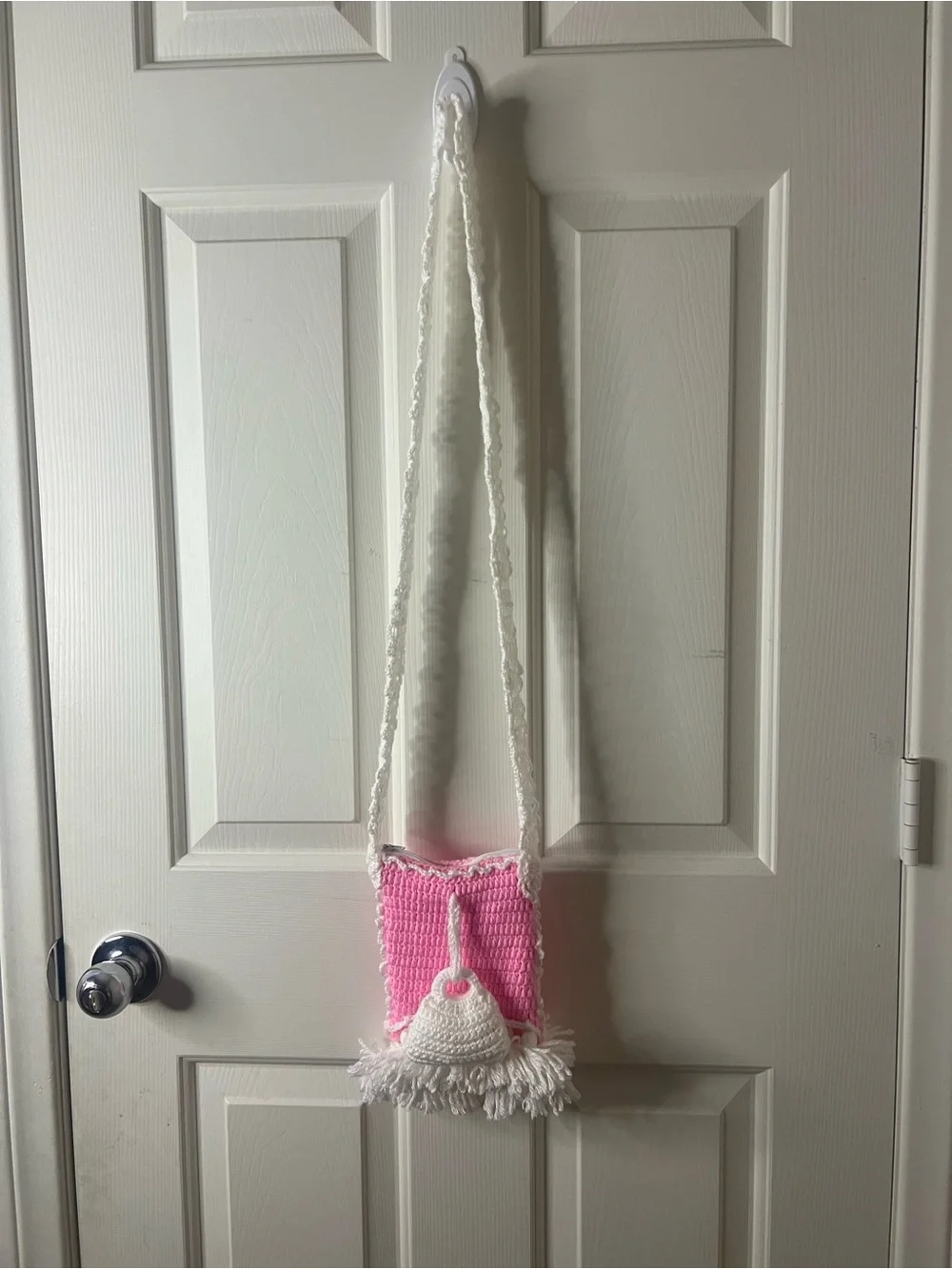 Handmade Pink & White Crochet Kids Crossbody Bag